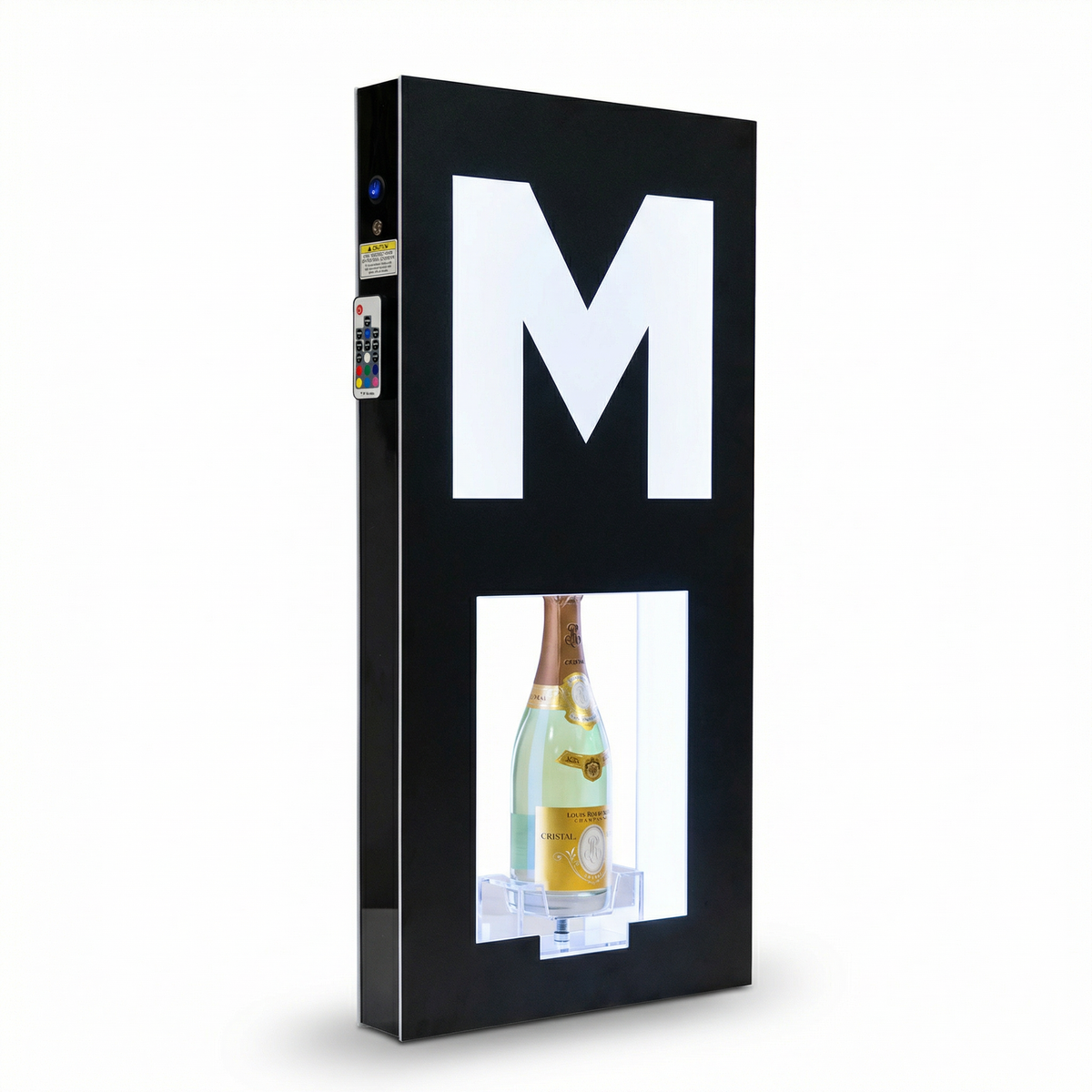 Illuminated interchangeable letter bottle presenters spelling a custom message