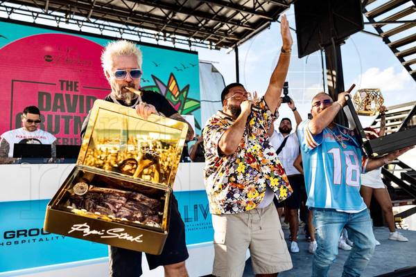 Guy Fieri DJ Khaled Papi Steak HOlding Gold Briefcase